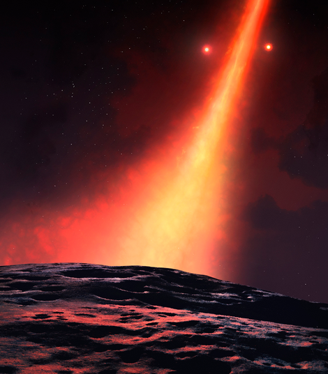 Artist’s depiction of the view from a hypothetical object within the protoplanetary disk, with the binary pair shown up top.